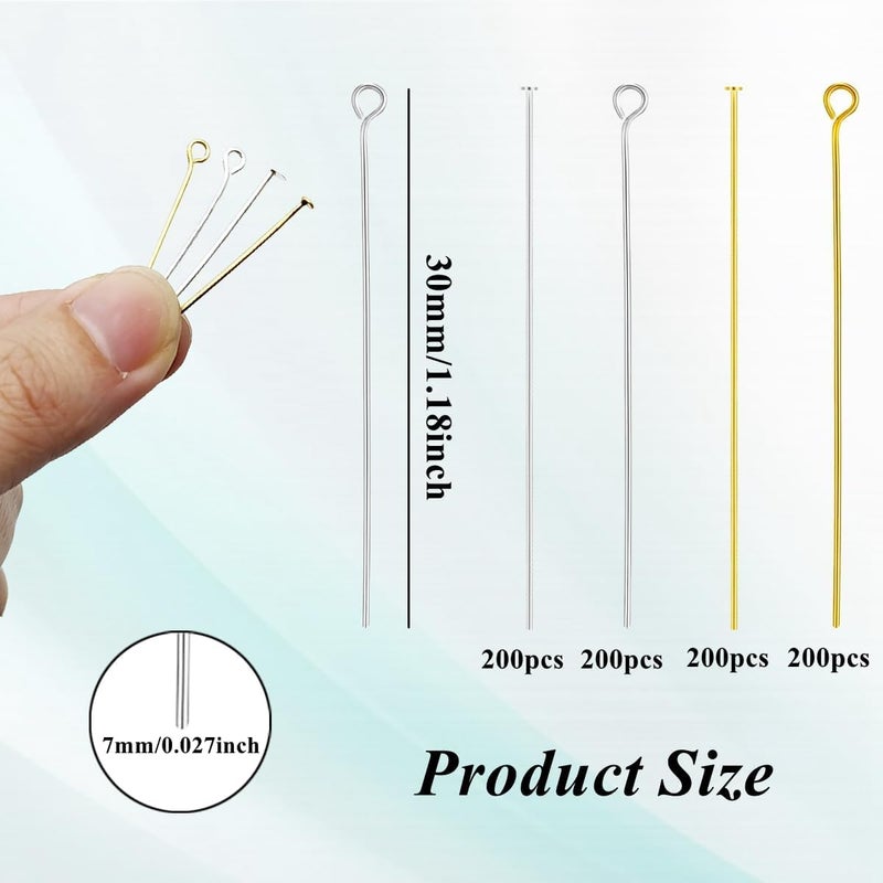 Bulrash 800 Pieces 30mm Flat Head Pins Eye Pins for DIY Jewelry Craft Making 1.18 Inch Metal End Straight Head Pins for Bracelet Necklace Earring Pendant Supplies(Eye/Flat Head Pins-Gold and Silver) - Image 3
